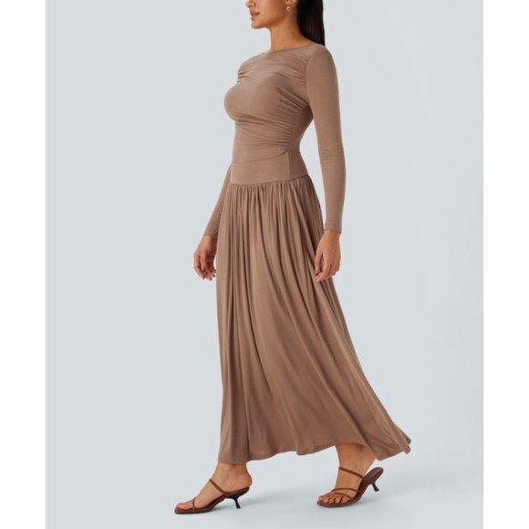 Halara Ribbed Boat Neck Long Sleeve Ruched Maxi Dress Sz Medium Side Pocket Flow - Picture 8 of 9